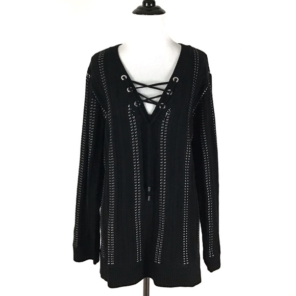 Calvin Klein Plus Lace Up Sweater Black White 1X - Picture 3 of 6